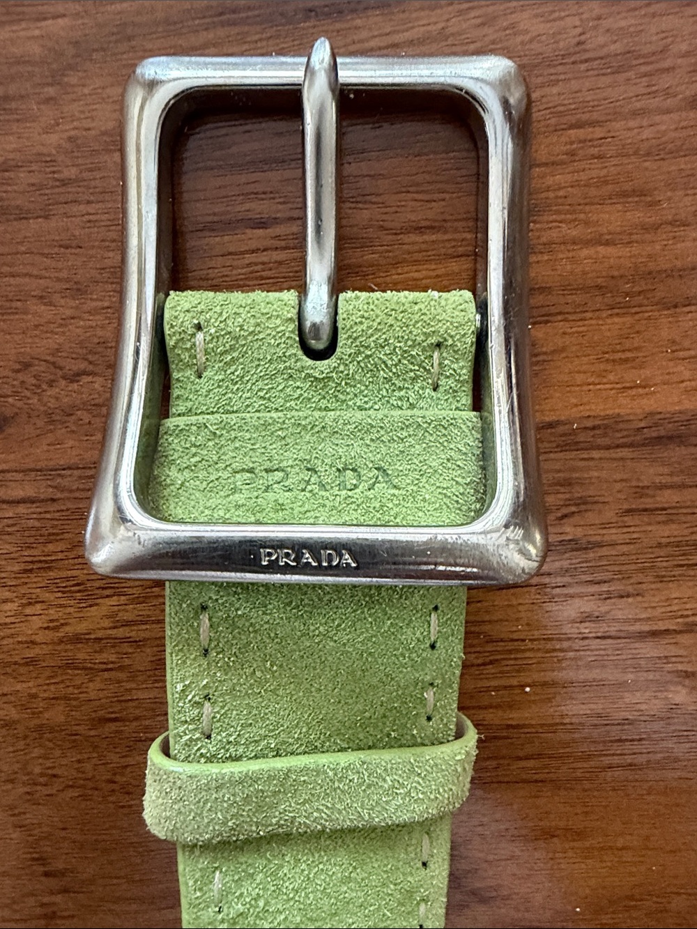 Prada Light Green Suede Belt with Silver-Tone Buckle